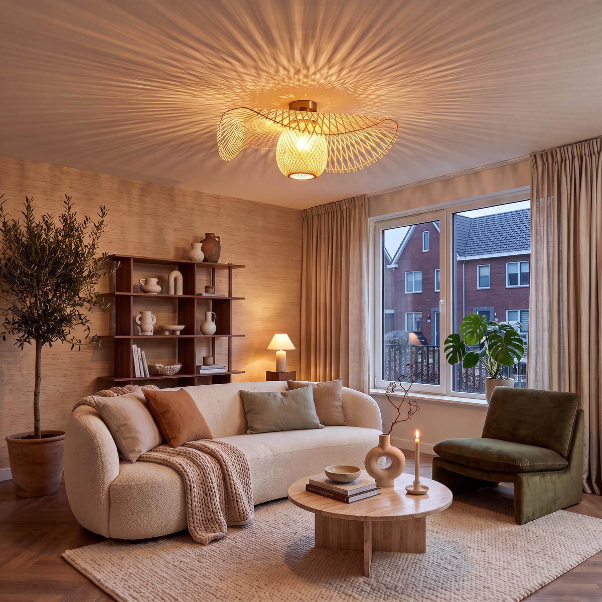 plafonnier en rotin dans un salon japandi le soir avec motif de rayons au plafond
