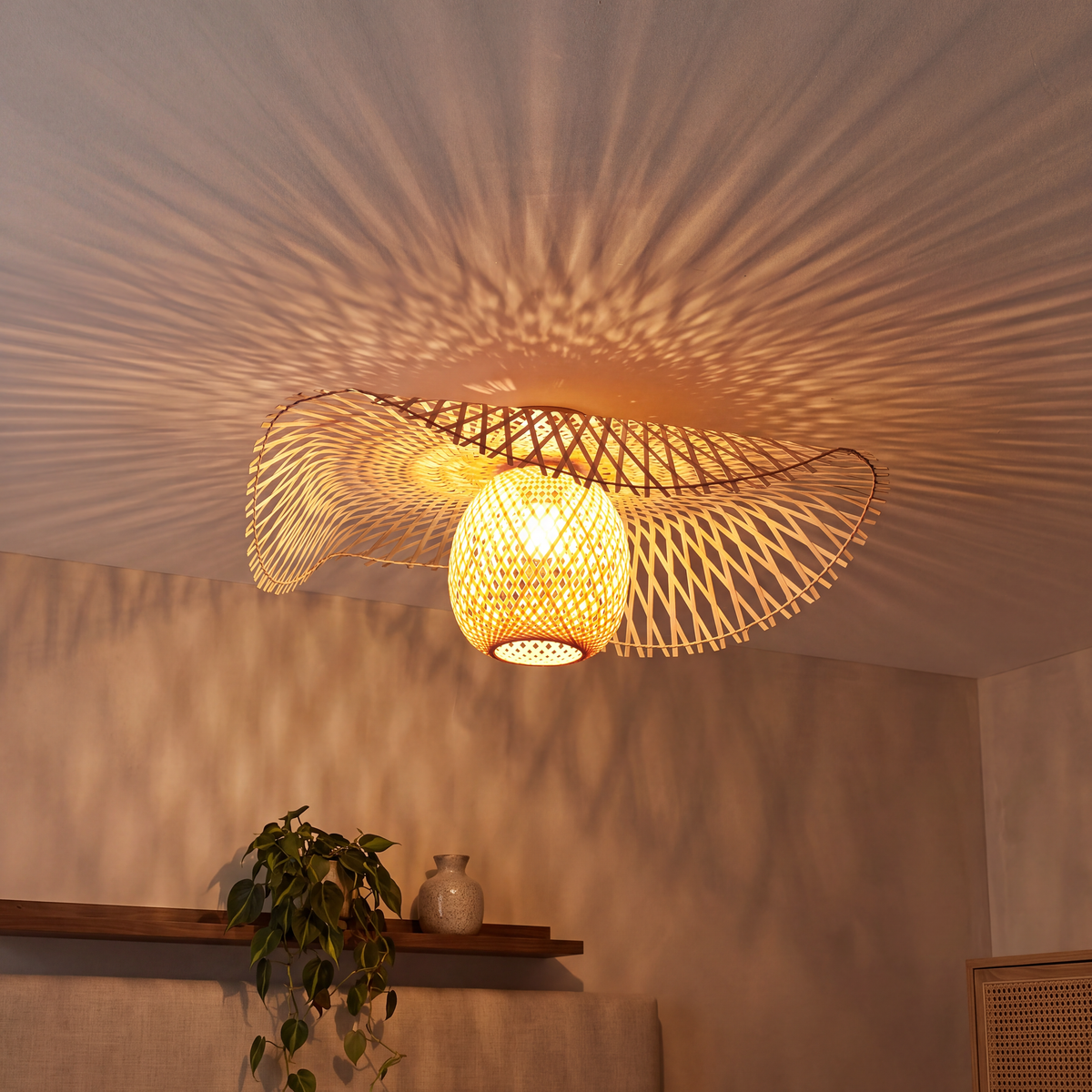 effet lumineux du plafonnier en rotin : motif de rayons au plafond et au mur