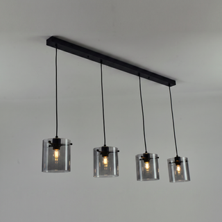 photo studio : suspension verre fumé 4 lampes noir avec barre et quatre abat-jours | vitrum