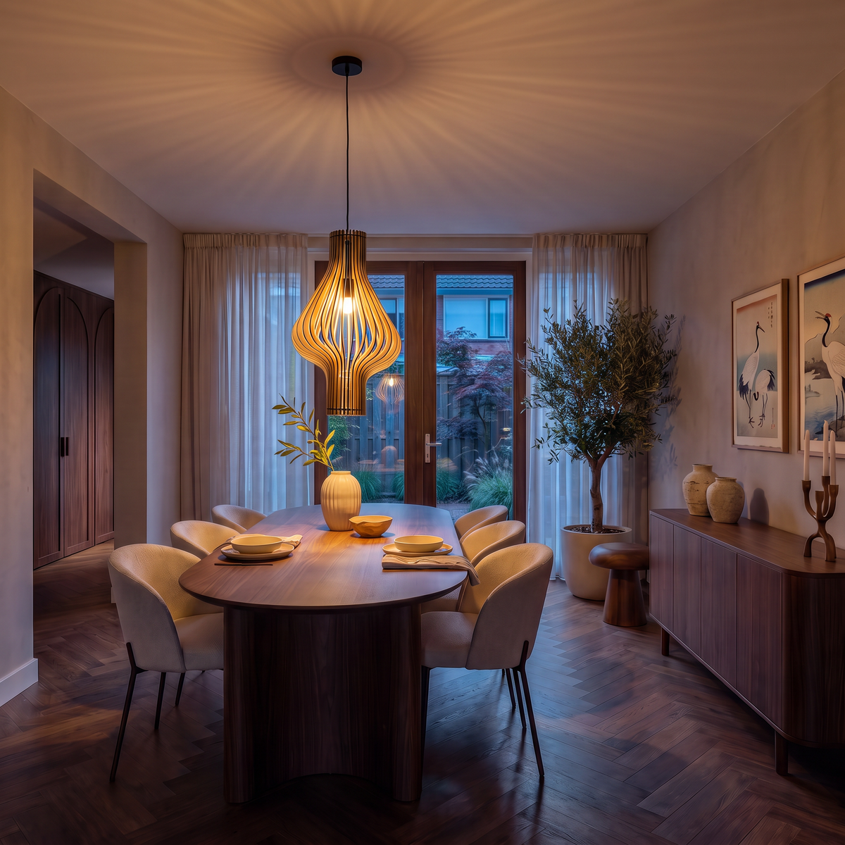 suspension en bois le soir avec lumière chaude au-dessus de la table, éclairage d'ambiance