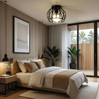 plafonnier industriel noir, plafonnier E27, lampe plafond dimmable, éclairage industriel, plafonnier métal noir, lampe plafond chambre