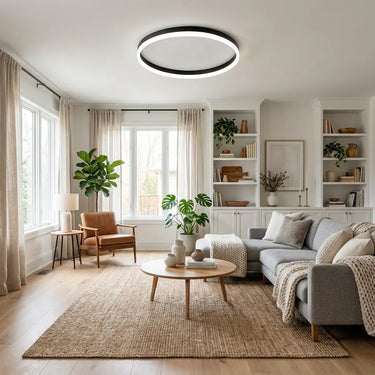 plafonnier design noir, plafonnier moderne LED, luminaire plafond aluminium, lampe plafond dimmable, éclairage intérieur noir
