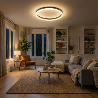 plafonnier design noir, plafonnier moderne LED, luminaire plafond aluminium, lampe plafond dimmable, éclairage intérieur noir