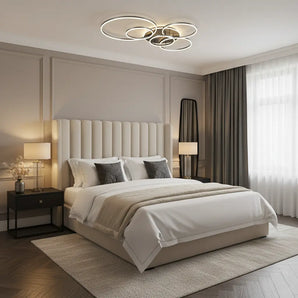 plafonnier moderne noir, LED dimmable, télécommande, éclairage salon, anneaux LED, plafonnier design, lumière ambiance