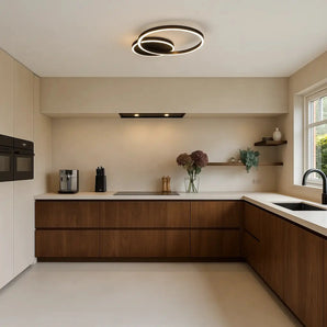 plafonnier moderne noir, plafonnier LED dimmable, anneaux LED, éclairage salon, luminaire télécommande