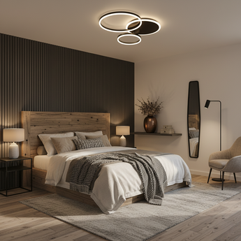 plafonnier moderne noir, plafonnier LED dimmable, anneaux LED, éclairage salon, luminaire télécommande