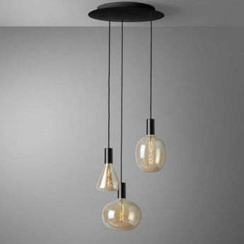suspension noire, suspension industrielle noire, suspension moderne E27, lampe pendante métal et verre, luminaire noir pour salon