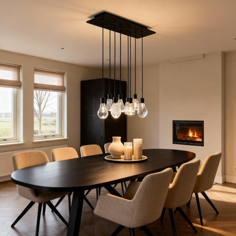 plafonnier 7 ampoules, suspension moderne noire, suspension en verre transparent, luminaire plafond design, suspension salle à manger