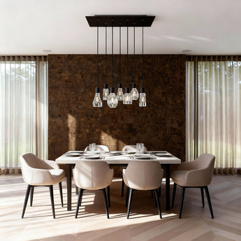 plafonnier 7 ampoules, suspension moderne noire, suspension en verre transparent, luminaire plafond design, suspension salle à manger