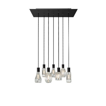 plafonnier 7 ampoules, suspension moderne noire, suspension en verre transparent, luminaire plafond design, suspension salle à manger