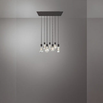 plafonnier 7 ampoules, suspension moderne noire, suspension en verre transparent, luminaire plafond design, suspension salle à manger