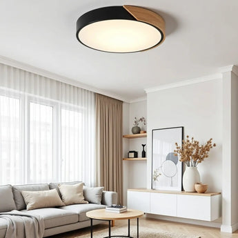 plafonnier scandinave, lampe plafond LED, plafonnier bois métal, lampe design chambre, plafonnier noir blanc