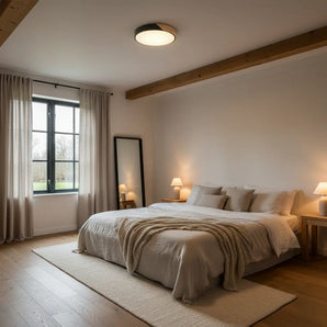 plafonnier scandinave, lampe plafond LED, plafonnier bois métal, lampe design chambre, plafonnier noir blanc