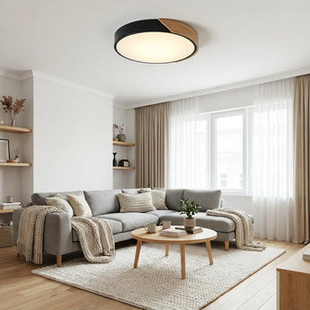 plafonnier scandinave, lampe plafond LED, plafonnier bois métal, lampe design chambre, plafonnier noir blanc