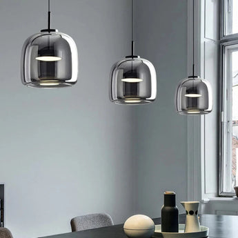 suspension en verre doré, suspension en verre noire, suspension moderne en verre, suspension LED intégrée, suspension élégante salon