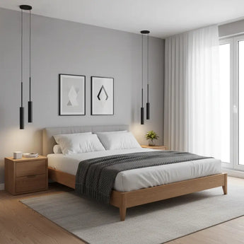 suspension chambre, lampe suspendue chambre, luminaire plafond chambre, suspension noire et or, suspension métal moderne