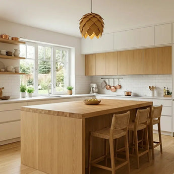 suspension en chêne, suspension en bois chêne clair, suspension en bois naturelle, suspension en bois design, suspension E27 en bois
