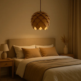 suspension en chêne, suspension en bois chêne clair, suspension en bois naturelle, suspension en bois design, suspension E27 en bois