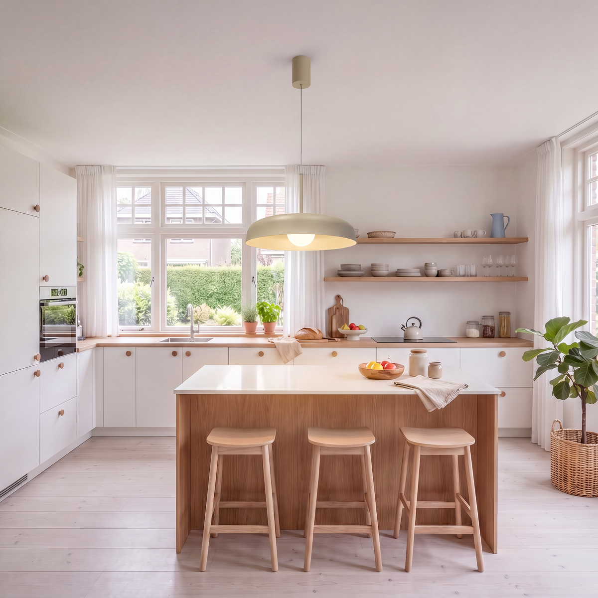 suspension beige dånsk ø38 cm au-dessus d'un îlot en chêne dans une cuisine scandinave