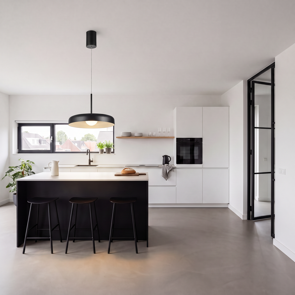suspension noire dånsk ø38 cm au-dessus d'un îlot noir dans une cuisine moderne