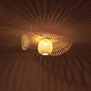 plafonnier en rotin ø65 cm allumé avec lumière chaude
