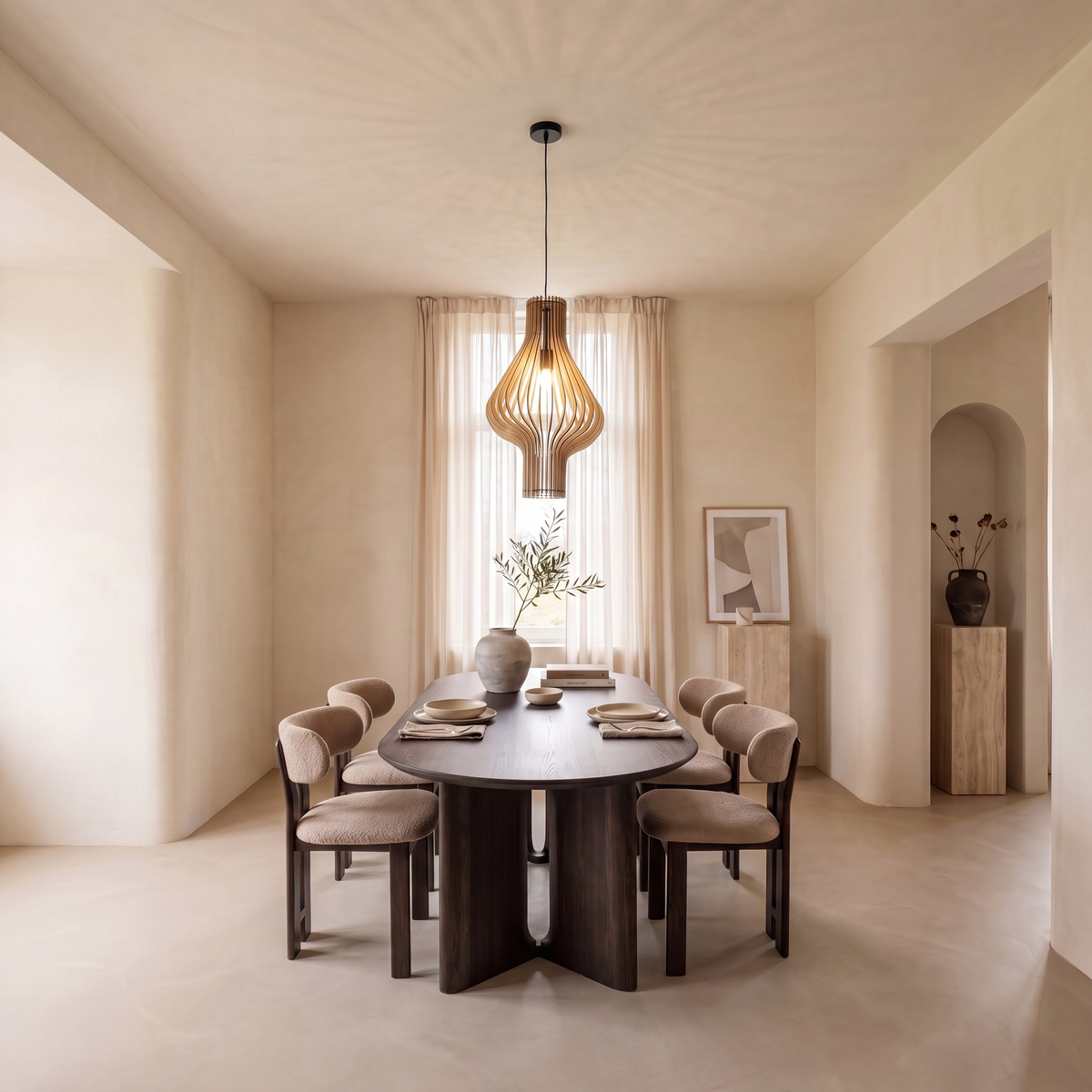 suspension en bois au-dessus d'une table ovale sombre dans une salle à manger japandi sereine
