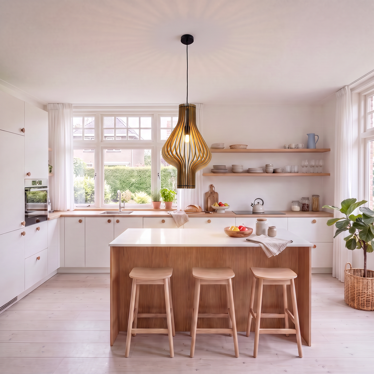 suspension en bois au-dessus d'un îlot en bois dans une cuisine scandinave