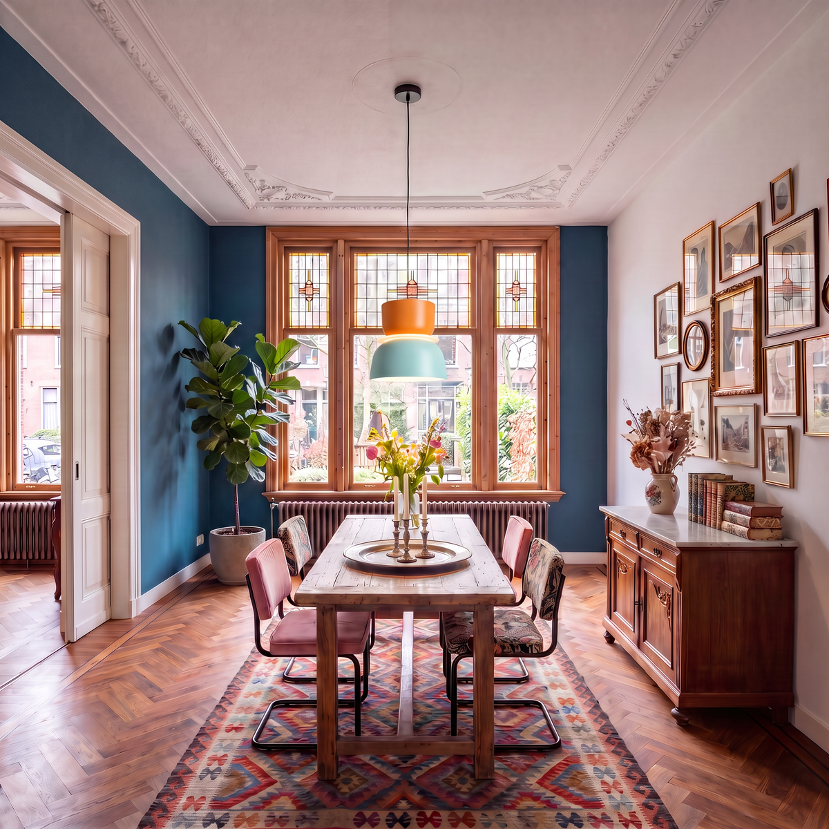 suspension rétro bicolore orange bleu menthe au-dessus d'une table en bois, intérieur éclectique