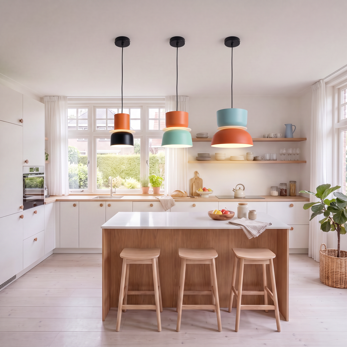 trois suspensions rétro de couleurs et tailles différentes côte à côte au-dessus de l'îlot