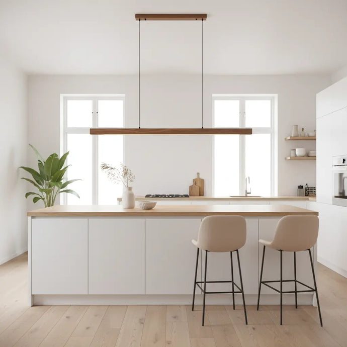 suspension en bois, lampe îlot de cuisine, suspension minimaliste, suspension LED dimmable, lampe salle à manger, éclairage cuisine