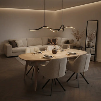 suspension cuisine noire, suspension LED intégrée, suspension design courbé, suspension dimmable cuisine, luminaire îlot de cuisine