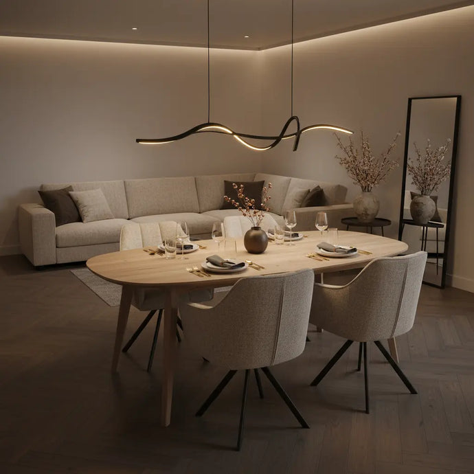 suspension cuisine noire, suspension LED intégrée, suspension design courbé, suspension dimmable cuisine, luminaire îlot de cuisine