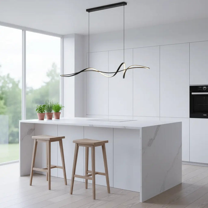 suspension cuisine noire, suspension LED intégrée, suspension design courbé, suspension dimmable cuisine, luminaire îlot de cuisine