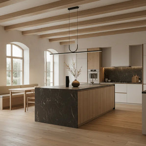 lampe de cuisine minimaliste, suspension cuisine LED intégrée, luminaire cuisine aluminium noir blanc, suspension cuisine moderne, lampe de cuisine dimmable