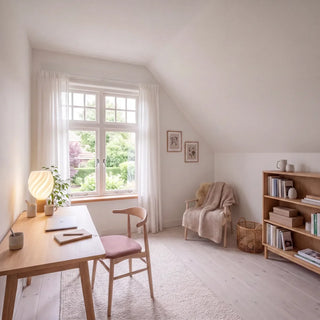 lampe de table organique sur bureau en chêne dans un bureau scandinave