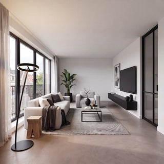 lampadaire arc noir avec anneau led dans un salon minimaliste